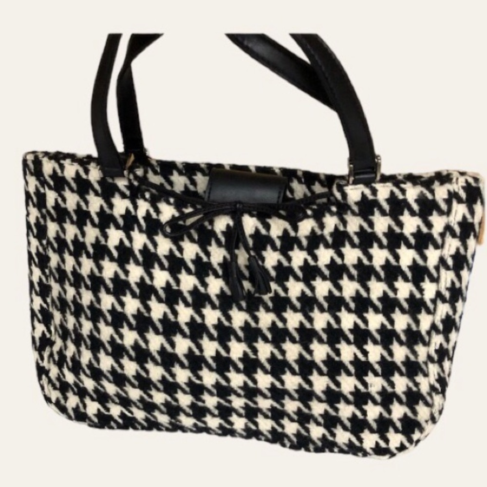 Houndstooth Wool Shoulder Bag Black & Ivory Cream Short double straps Classic